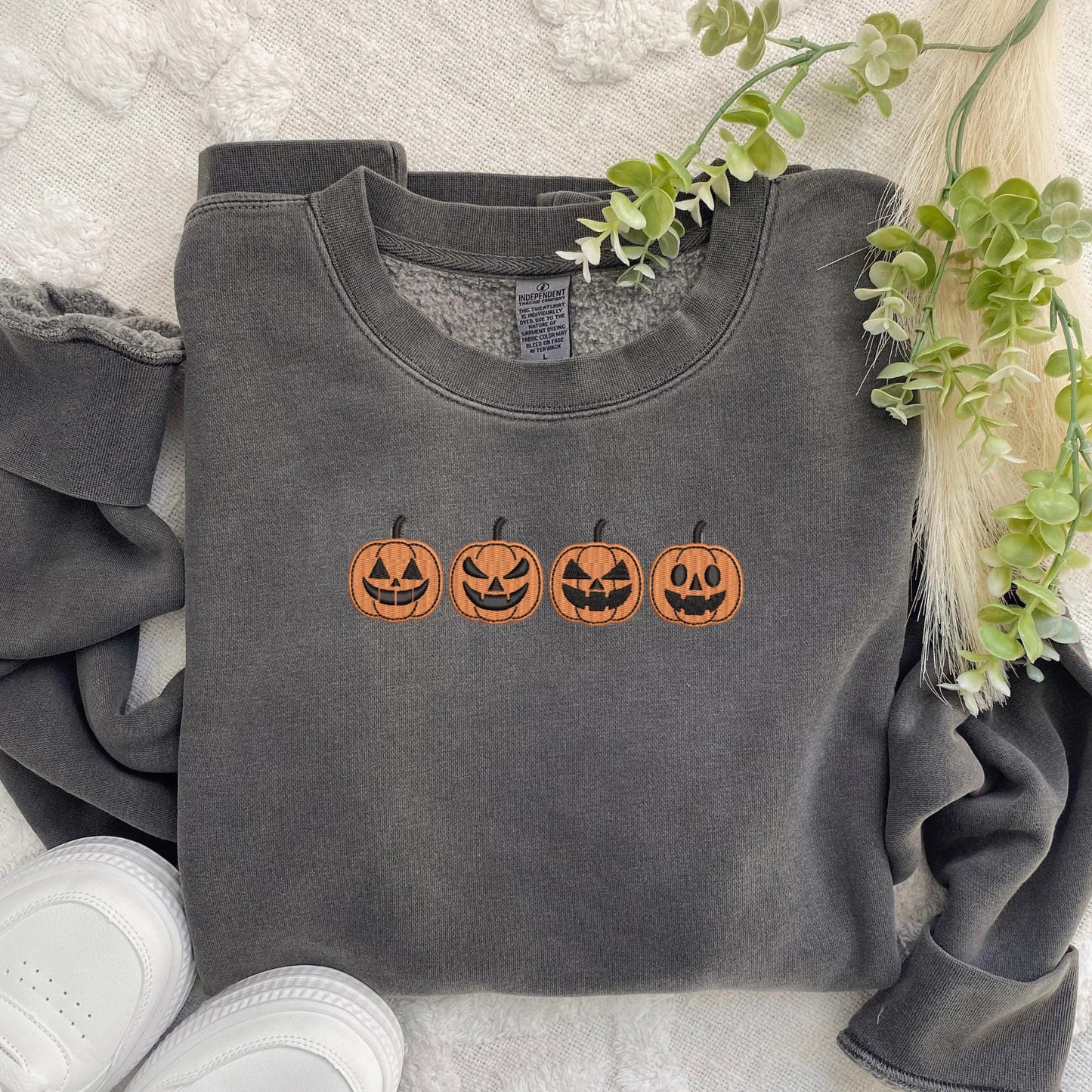 Embroidered Jack O'Lantern Sweatshirt: Pigment Dyed Halloween Pumpkins Pullover