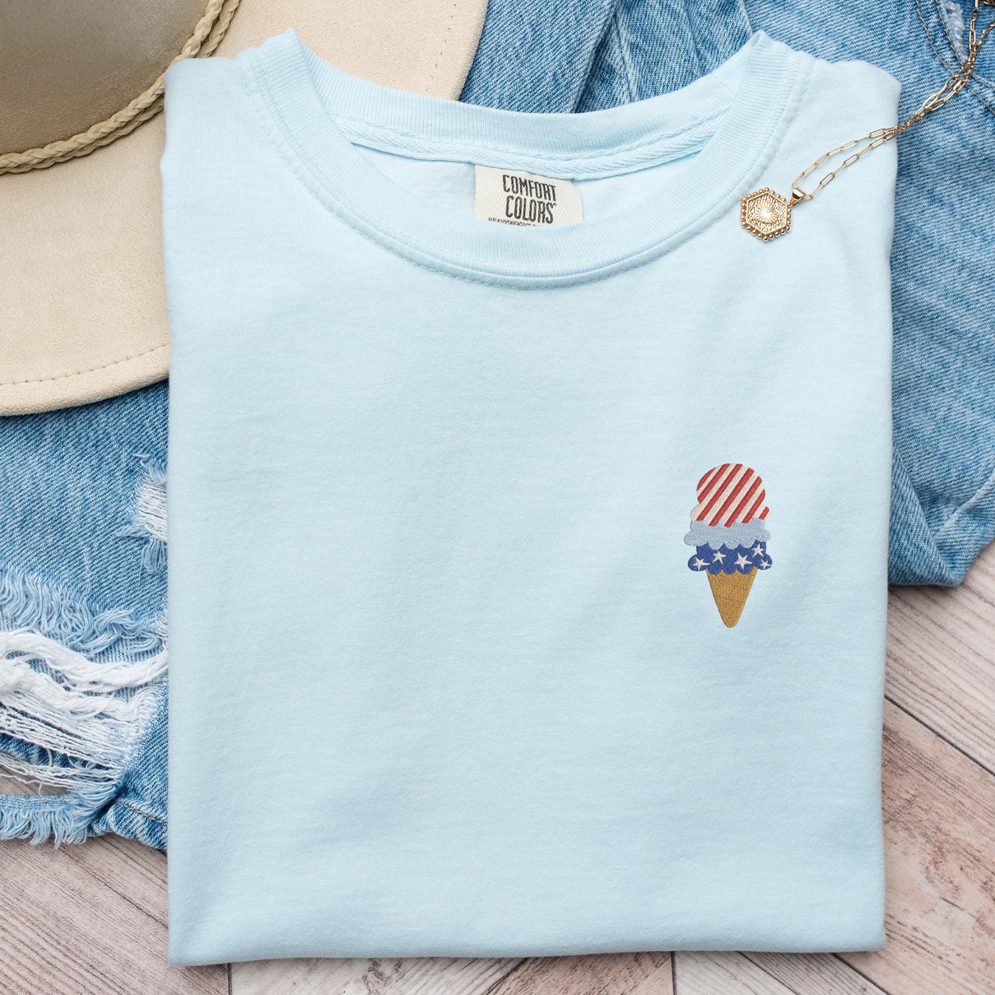 Embroidered 4th of July T-shirt: Red, White, and Blue Ice Cream Cone