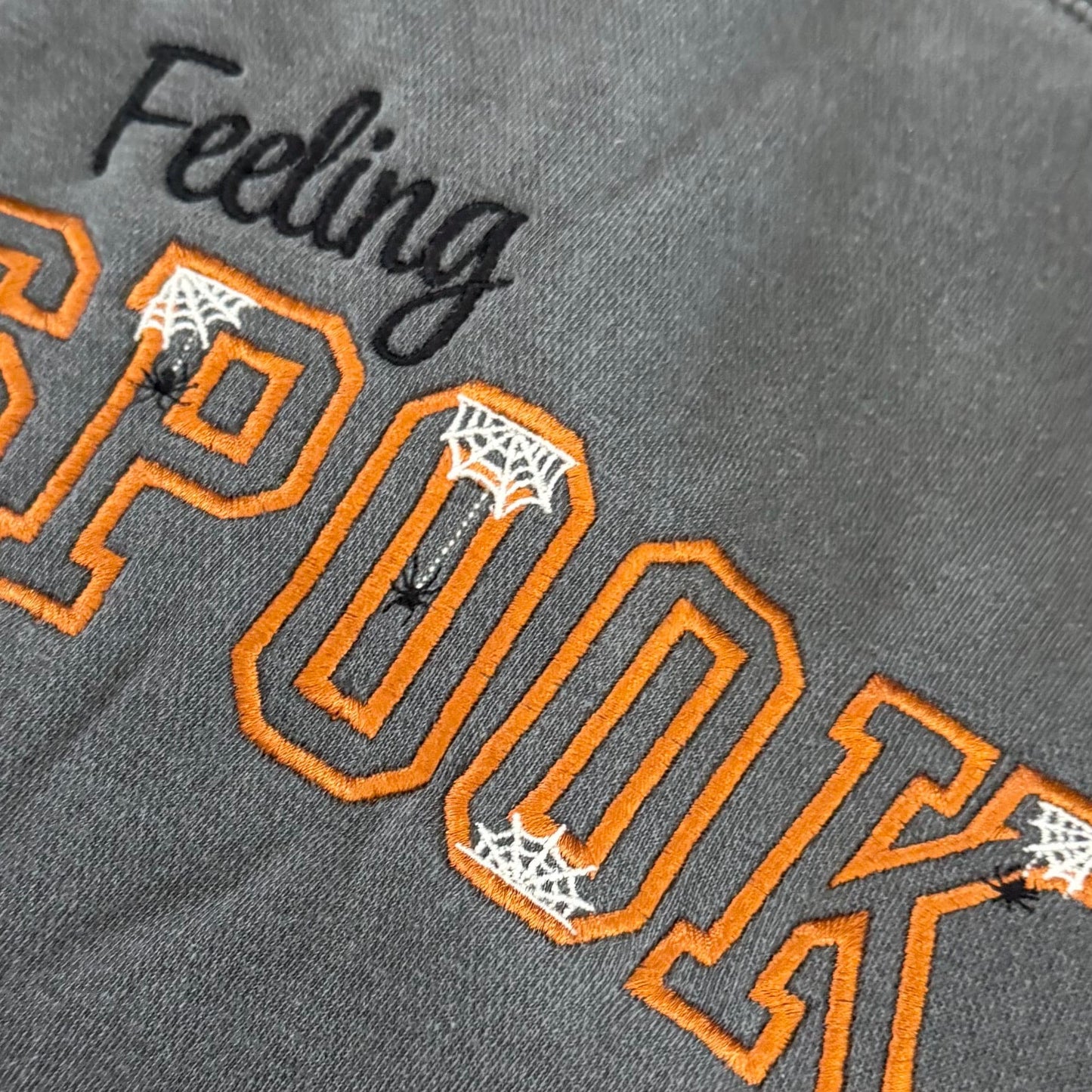 Embroidered Feeling Spooky Pigment Dyed Halloween Crewneck Sweatshirt: Choose Cat or Ghost Sleeve Design