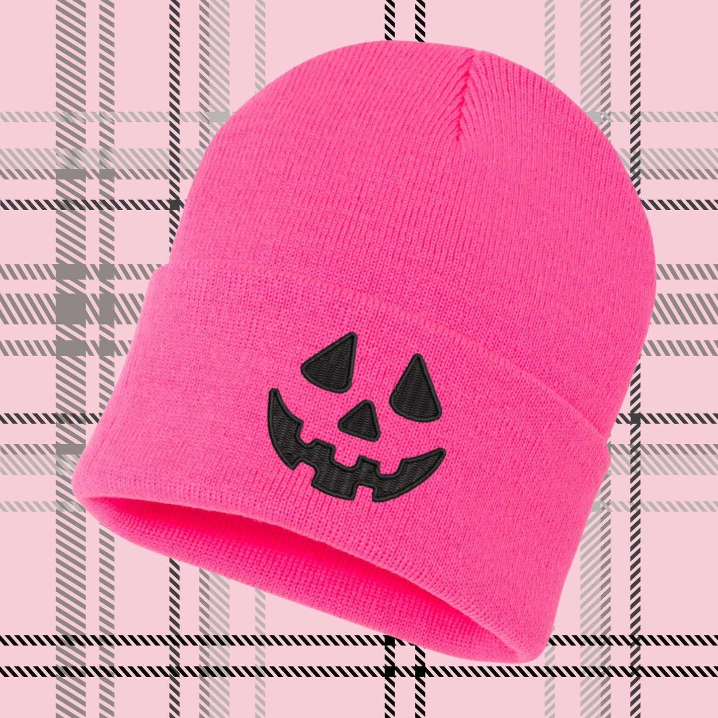 Embroidered Pumpkin Face Beanie: Knit Halloween Jack O Lantern Skull Cap