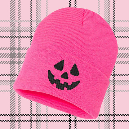 Embroidered Pumpkin Face Beanie: Knit Halloween Jack O Lantern Skull Cap