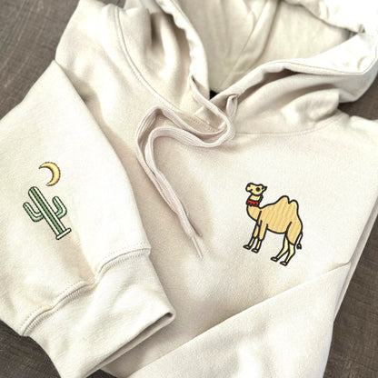 Embroidered Camel Hoodie: Desert Cactus and Moon Sleeve, Unisex Pullover