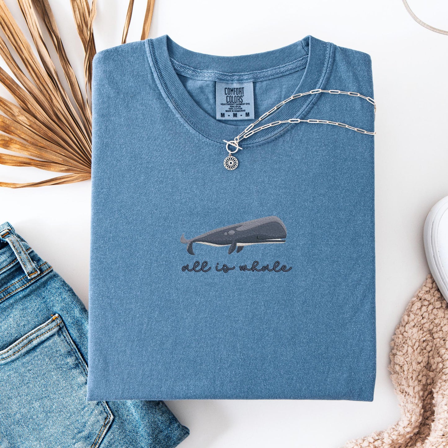 Embroidered Nautical Blue Whale T-Shirt: Pigment-Dyed Coastal Tee