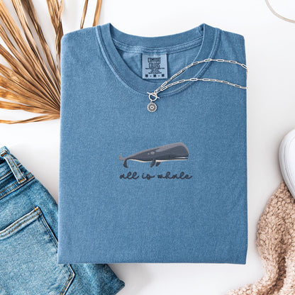 Embroidered Nautical Blue Whale T-Shirt: Pigment-Dyed Coastal Tee