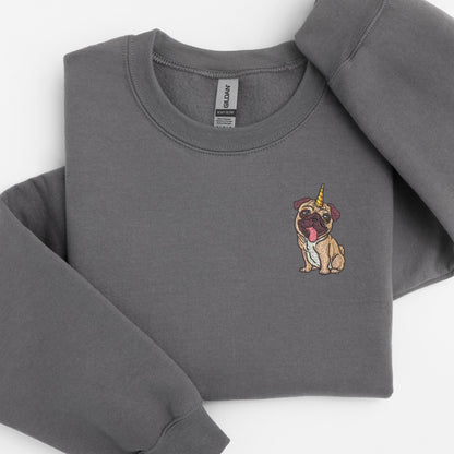 Embroidered Unicorn Pug Crewneck Sweatshirt: Unipug Sweatshirt or Hoodie