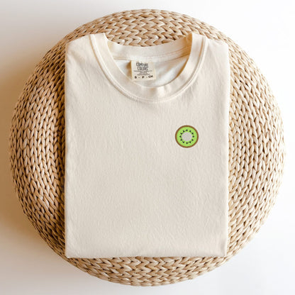 Embroidered Kiwi T-shirt: Garment-Dyed Minimalist Fruit Tee
