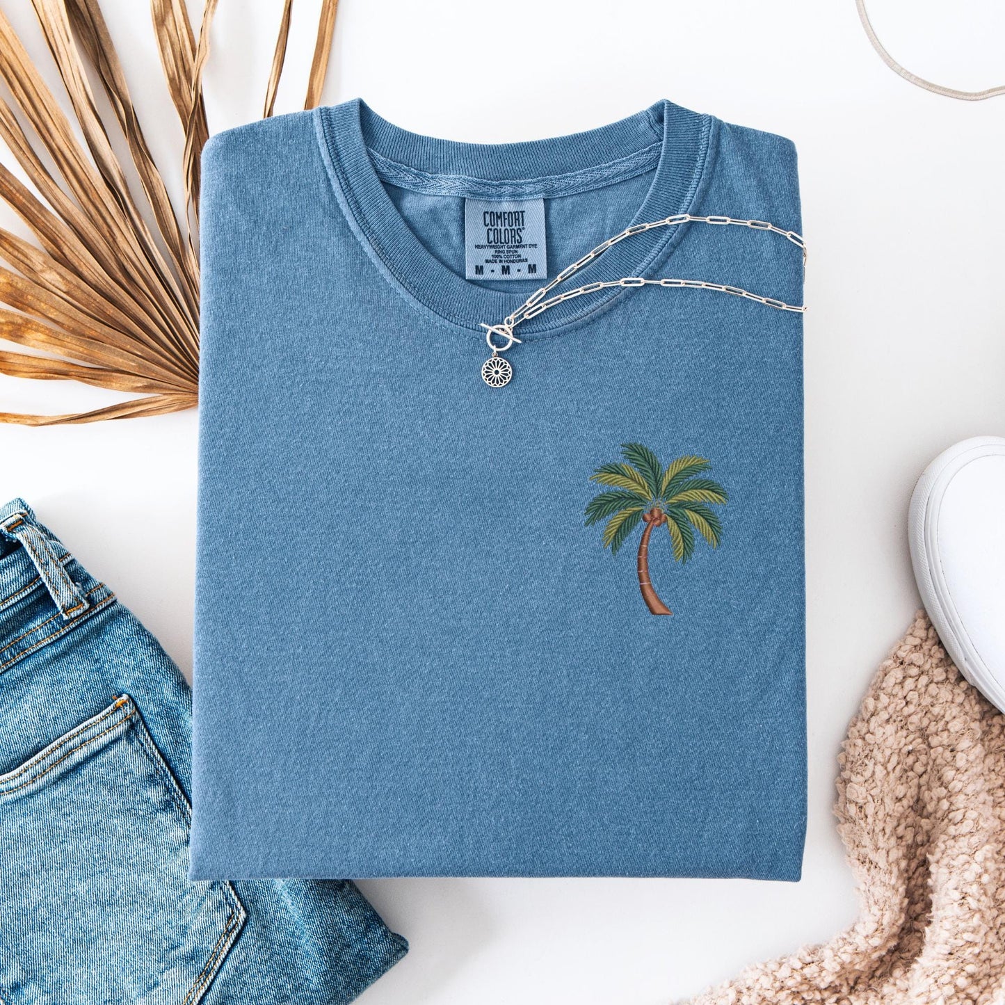 Embroidered Palm Tree T-Shirt: Pigment-Dyed Coastal Tee