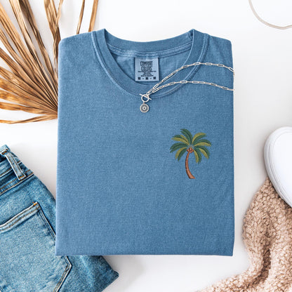 Embroidered Palm Tree T-Shirt: Pigment-Dyed Coastal Tee