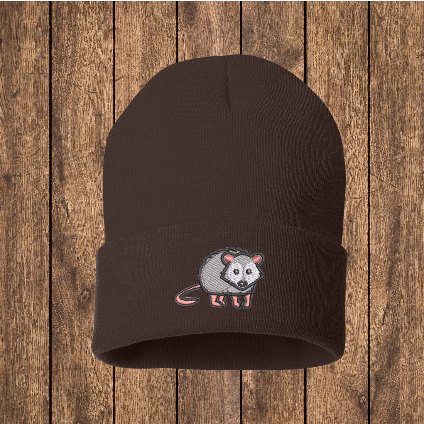 Embroidered Opossum Beanie: Woodland Animal Knit Hat