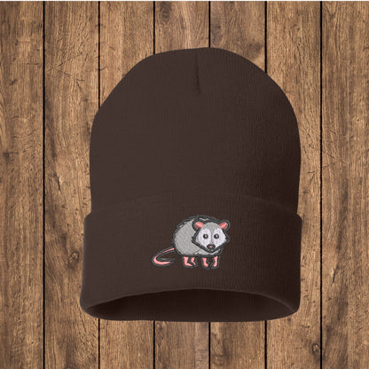 Embroidered Opossum Beanie: Woodland Animal Knit Hat