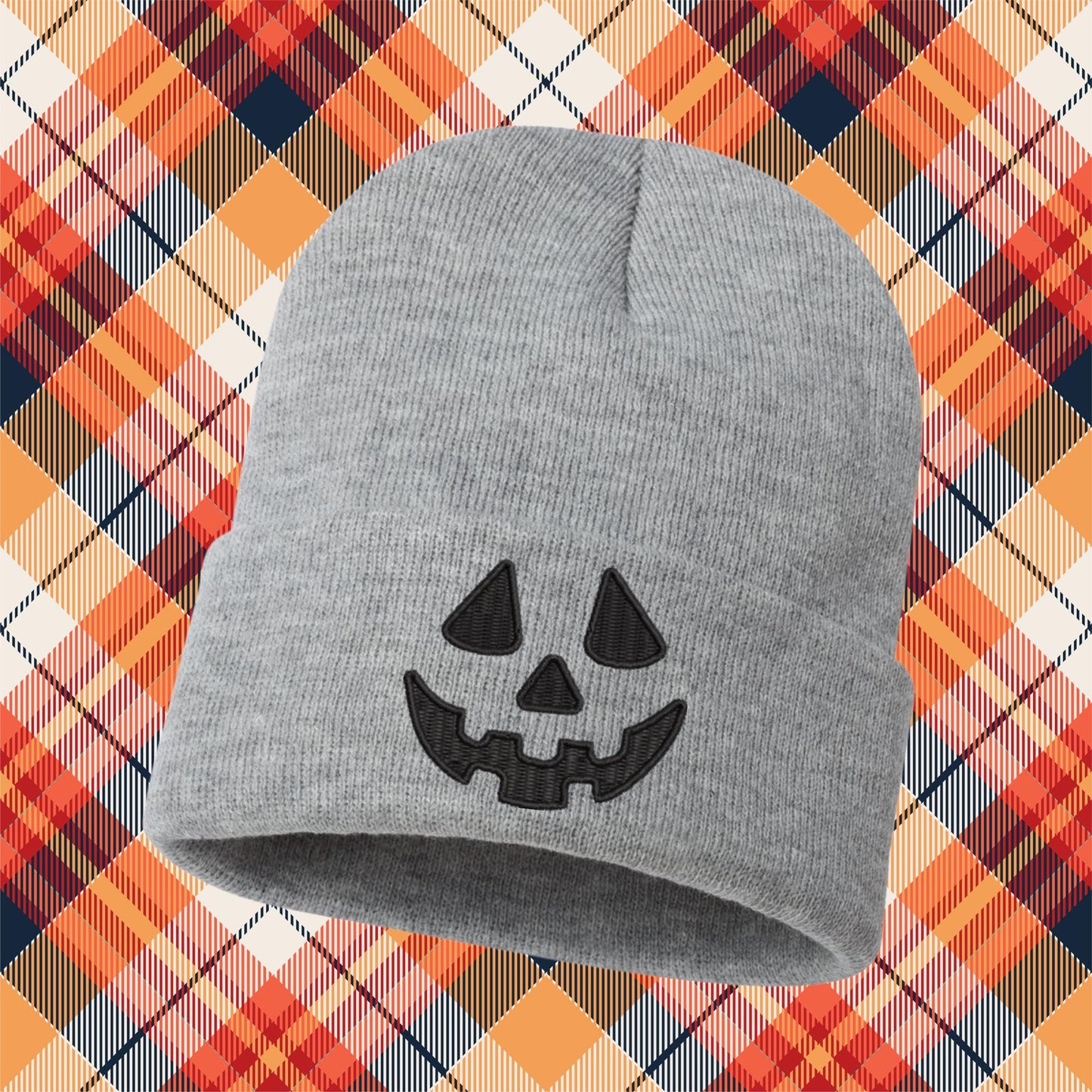 Embroidered Pumpkin Face Beanie: Knit Halloween Jack O Lantern Skull Cap