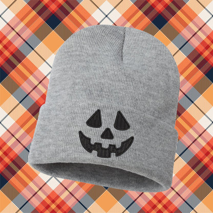 Embroidered Pumpkin Face Beanie: Knit Halloween Jack O Lantern Skull Cap