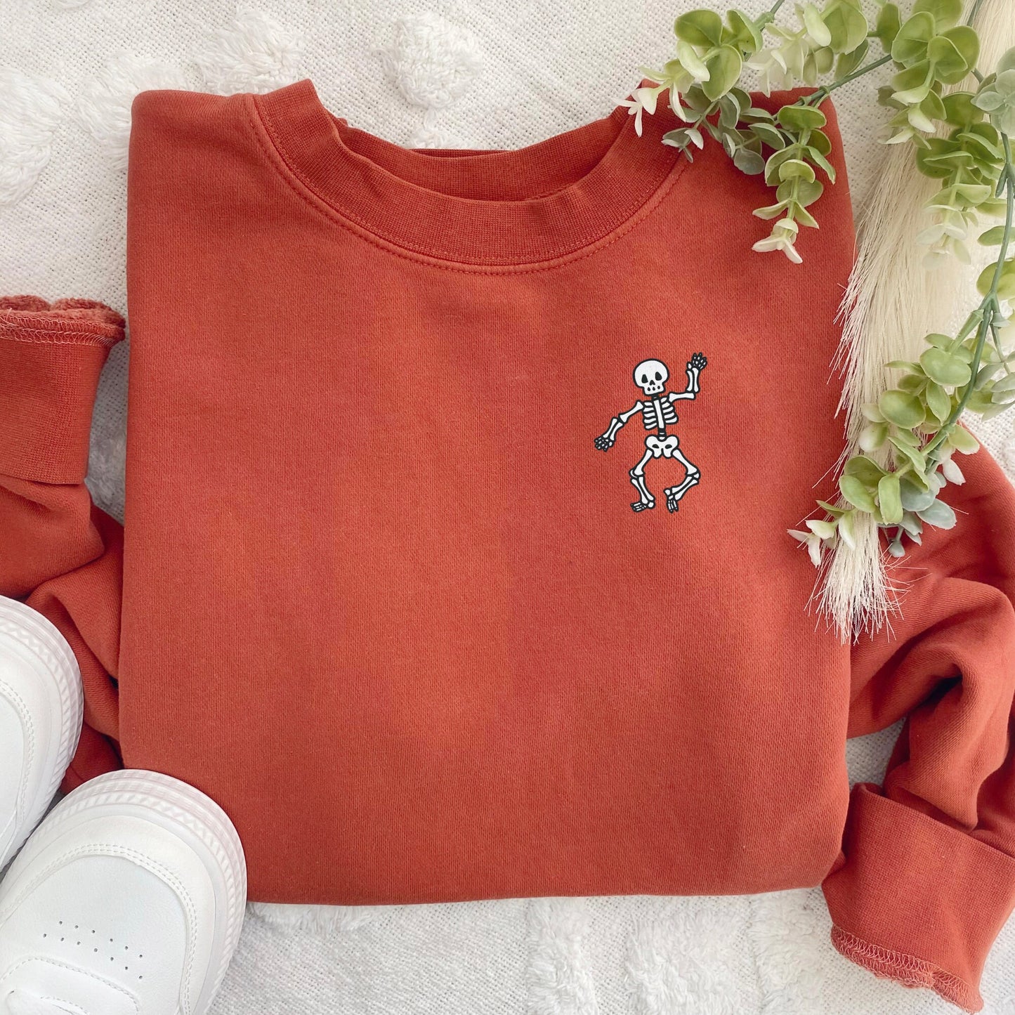 Embroidered Dancing Skeleton Sweatshirt: Pigment Dyed Halloween Pullover