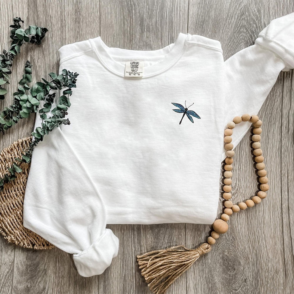 Embroidered Dragonfly Sweatshirt: Garment-Dyed Cotton Crewneck