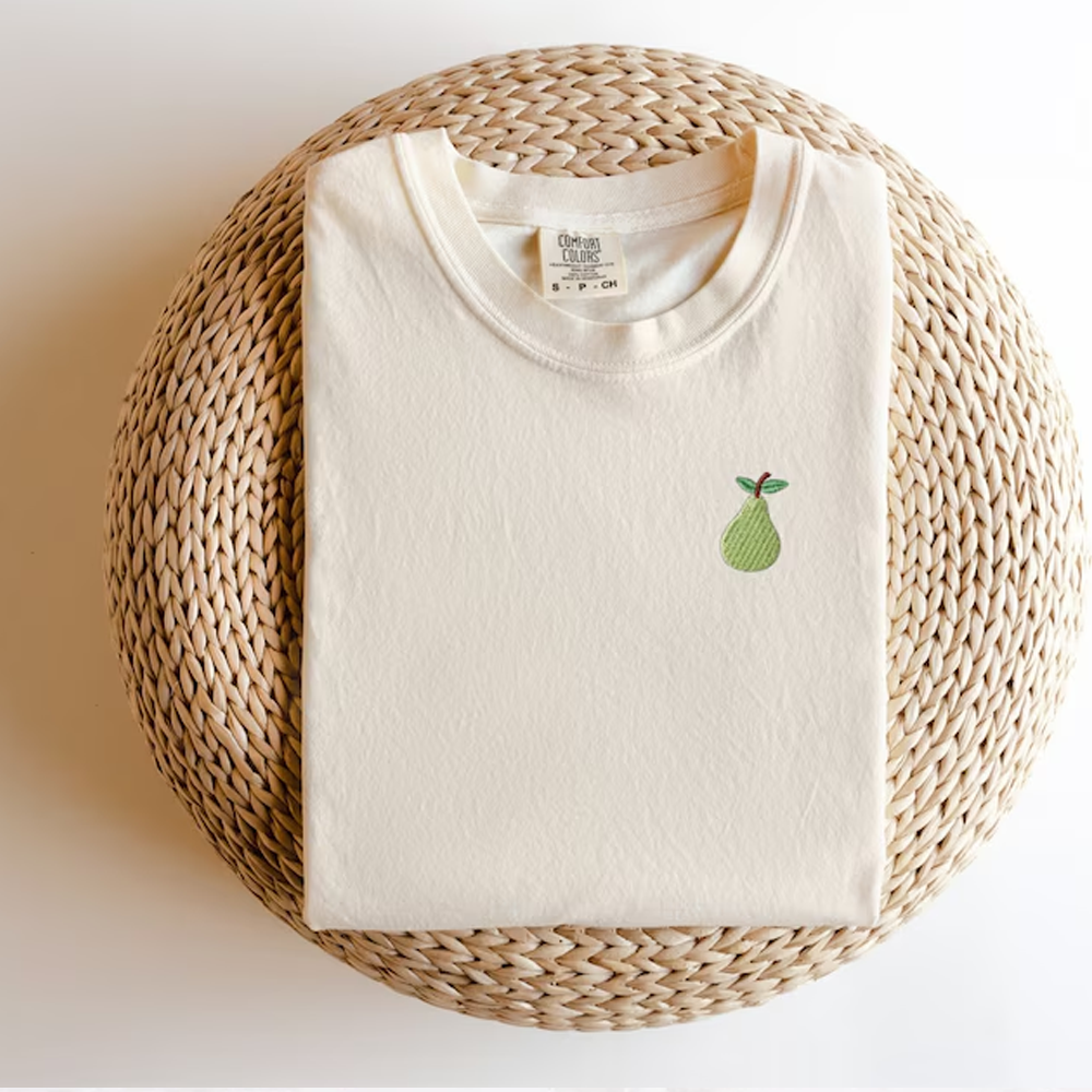 Embroidered Pear T-Shirt: Garment Dyed Fruit Tee