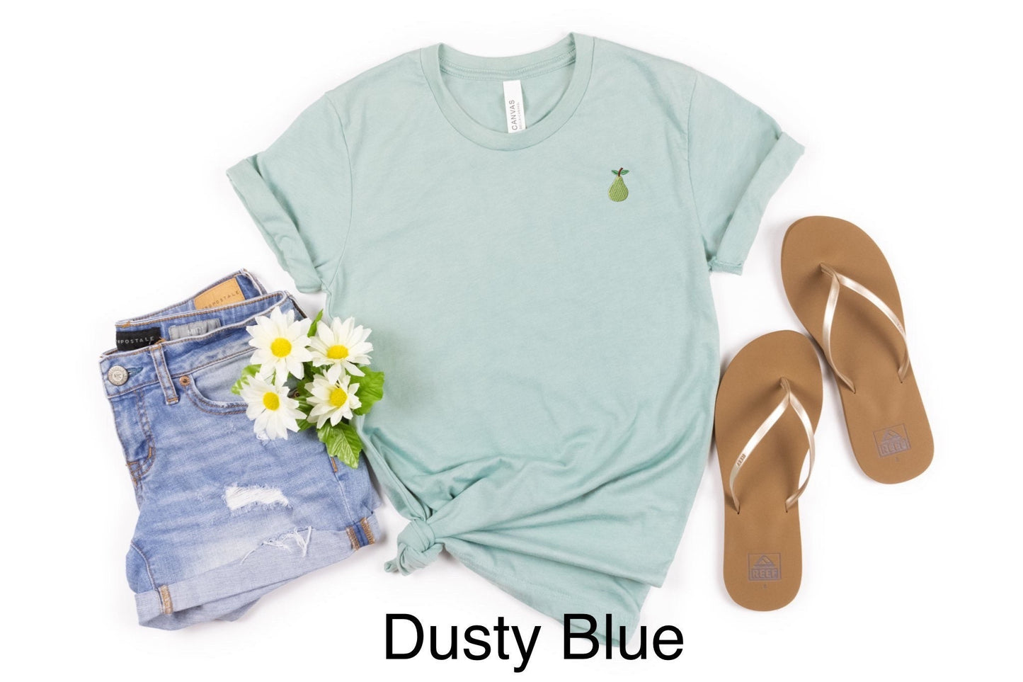 Embroidered Unisex Pear T-Shirt: Stitched Minimalist Mini Fruit Tee