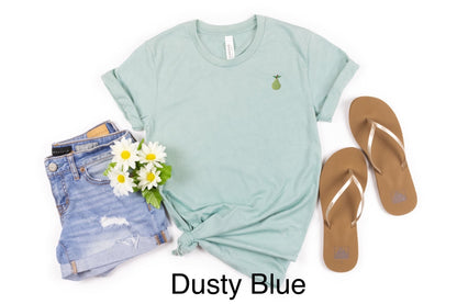 Embroidered Unisex Pear T-Shirt: Stitched Minimalist Mini Fruit Tee