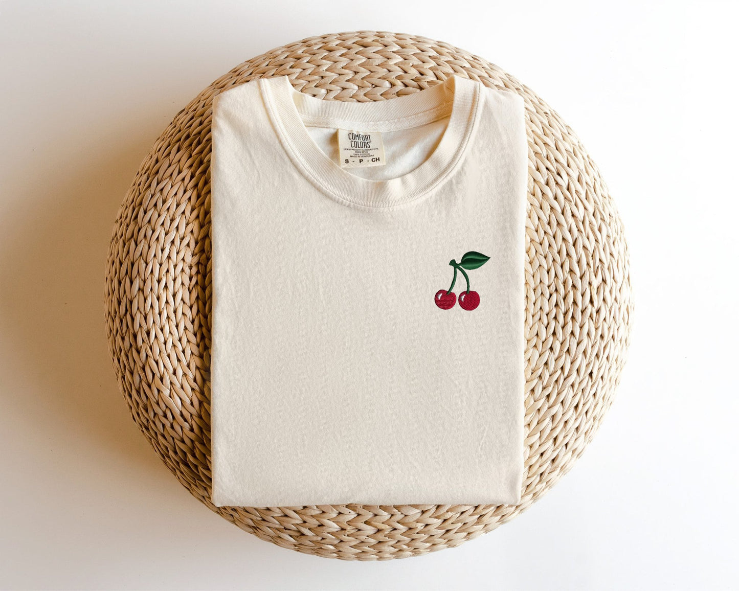 Embroidered Cherry T-Shirt: Garment Dyed Fruit Tee