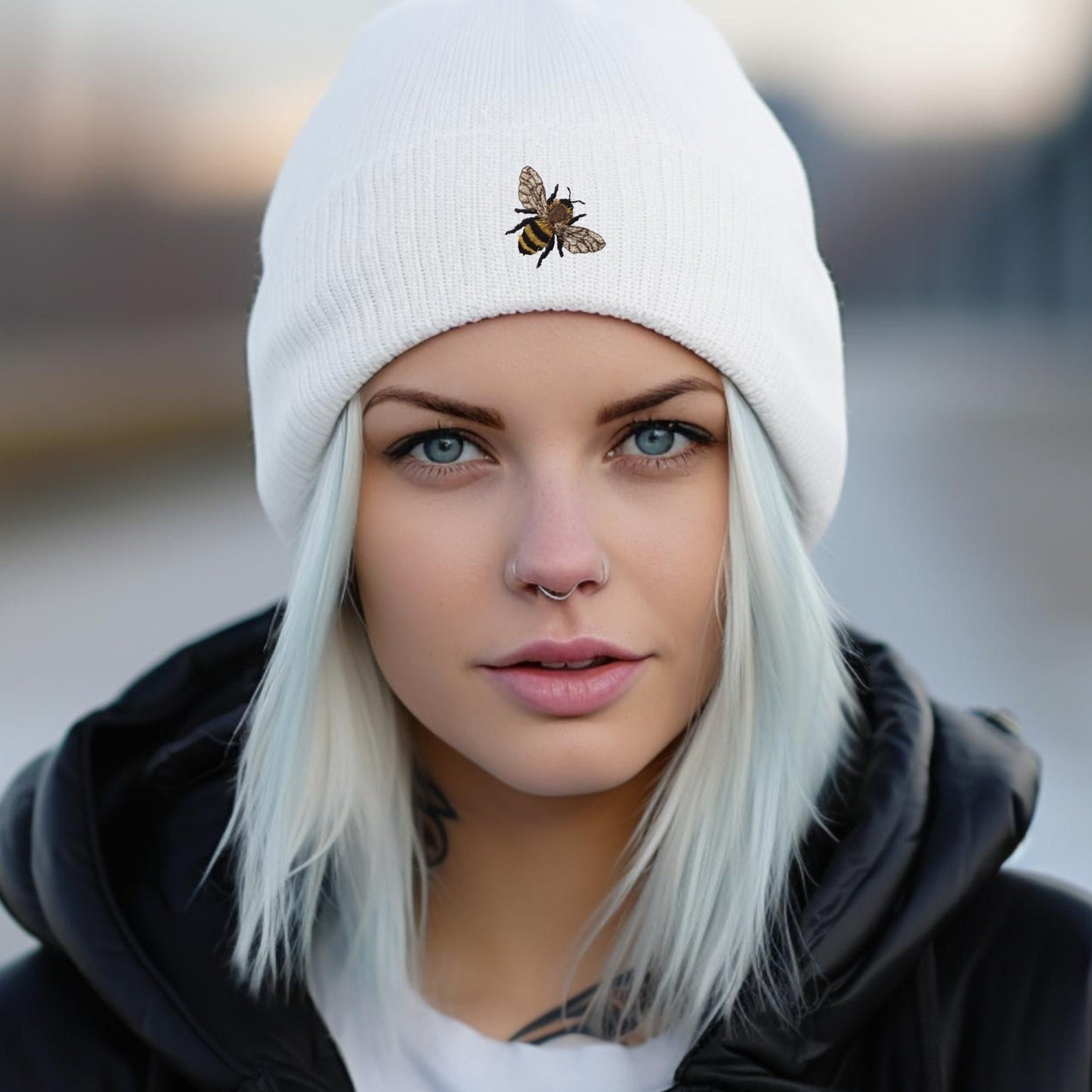 Embroidered Minimalist Honeybee Beanie: Nature Knit Skull Hat