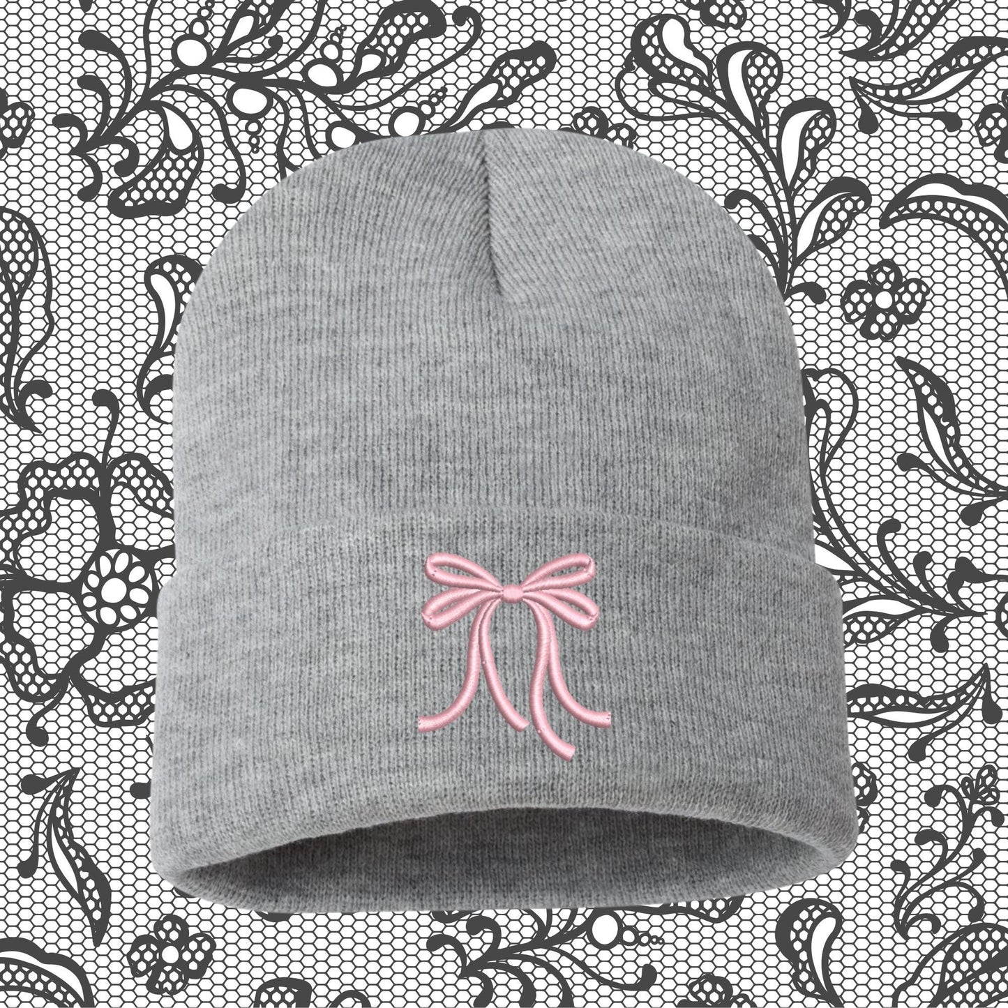 Embroidered Bow Beanie: Coquette Mini Pink Bow Skull Hat
