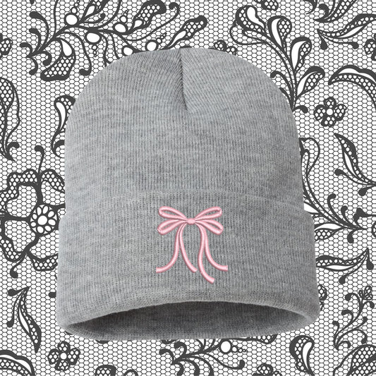 Embroidered Bow Beanie: Coquette Mini Pink Bow Skull Hat