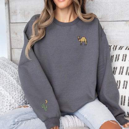 Embroidered Camel Hoodie: Desert Cactus and Moon Sleeve, Unisex Pullover