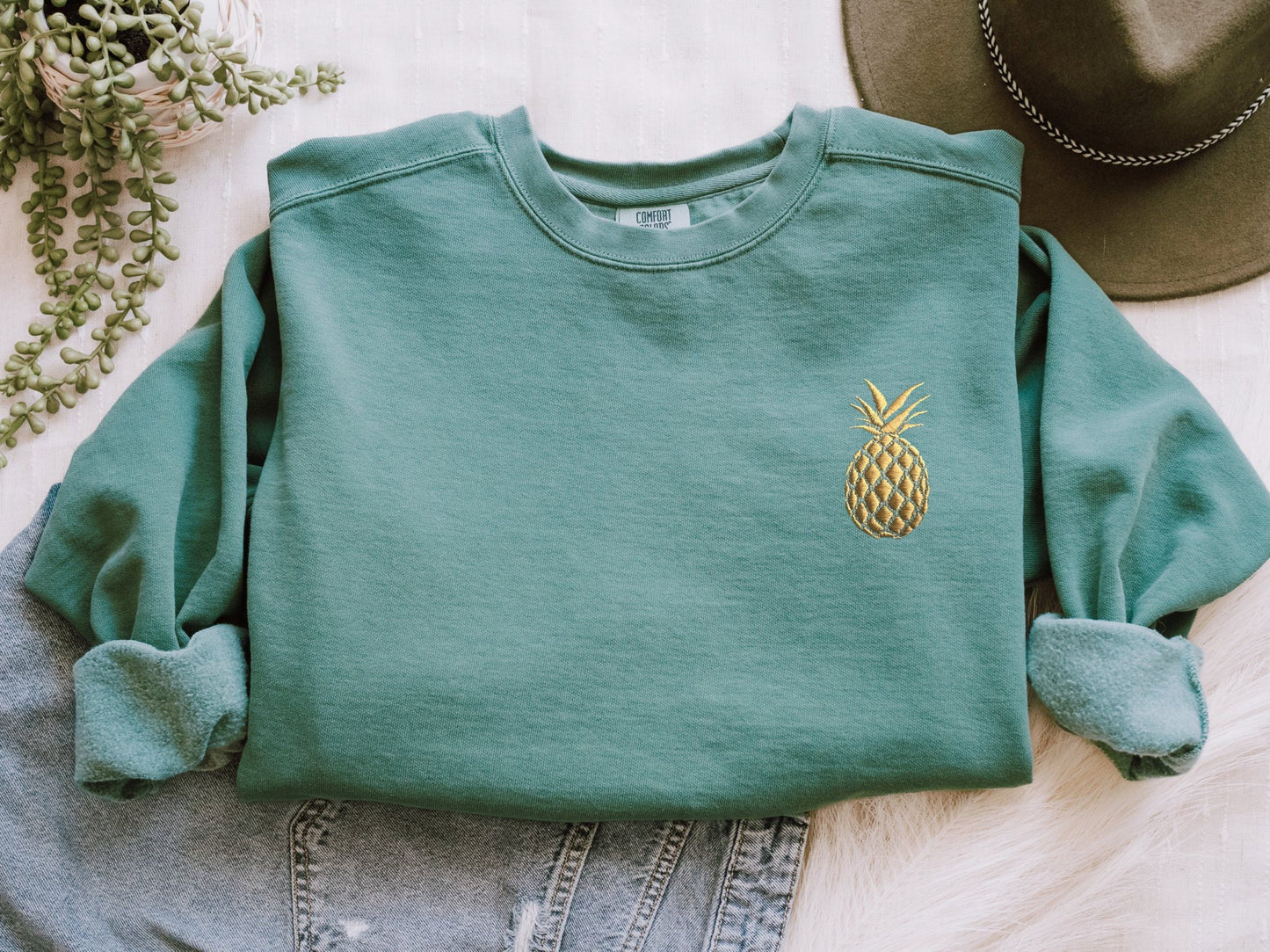 Embroidered Pineapple Sweatshirt: Garment-Dyed Crewneck Sweater