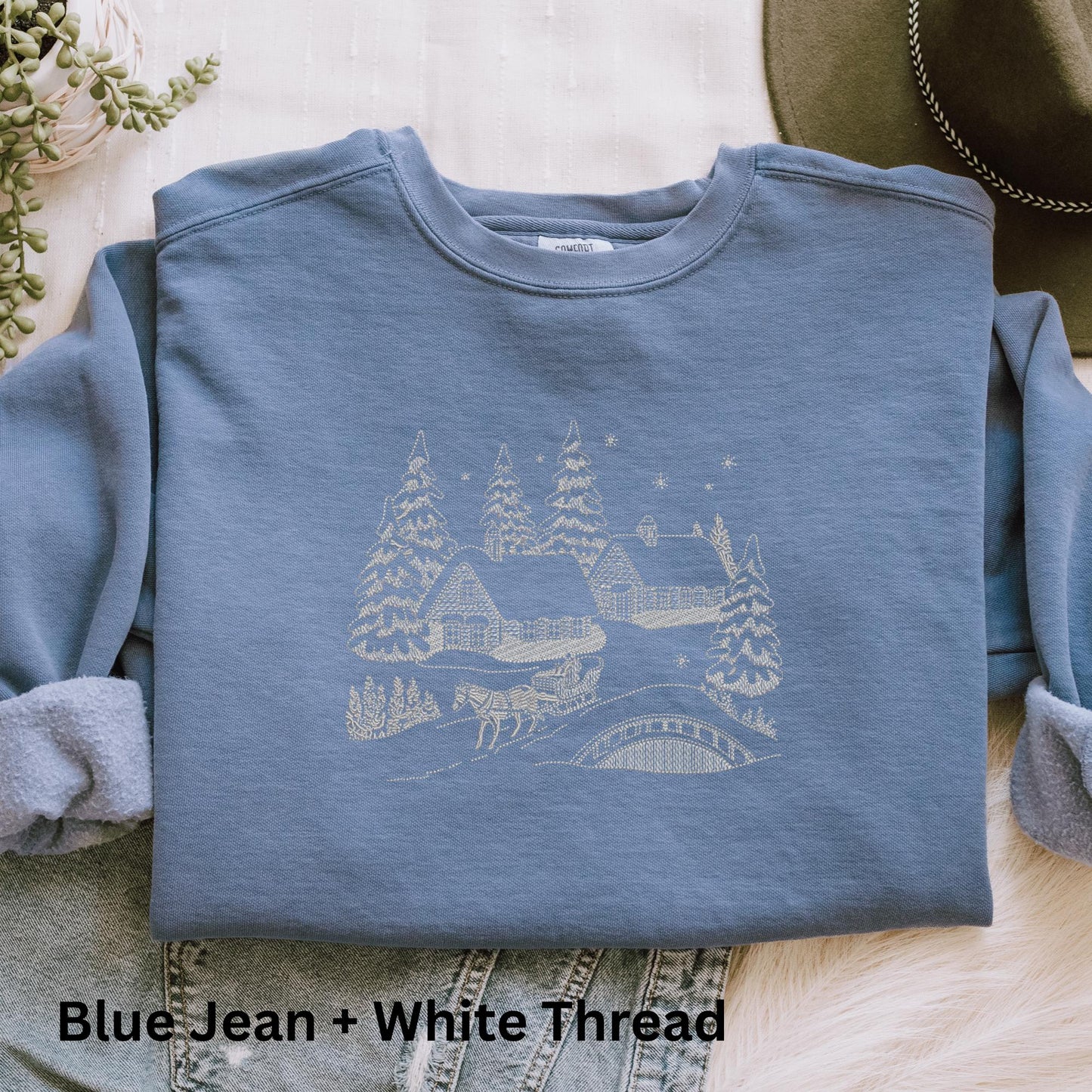 Embroidered Winter Scene Crewneck Sweatshirt: Stitched Christmas Village Pigment-Dyed Pullover