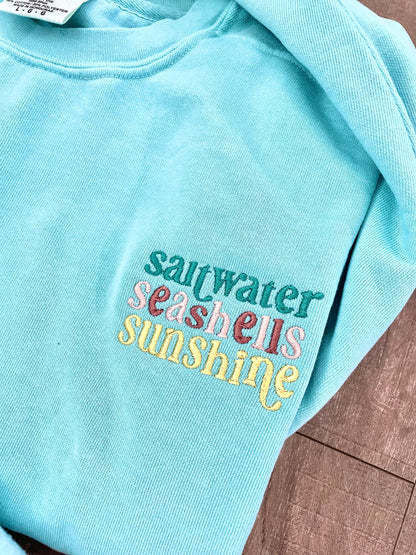 Embroidered Crewneck Sweatshirt: Saltwater, Seashells, Sunshine - Beach Apparel
