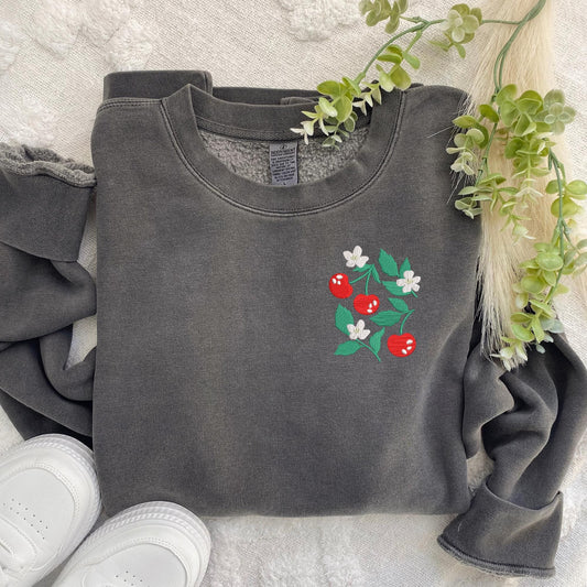 Embroidered Floral Cherry Sweatshirt: Pigment-Dyed Coquette Crewneck