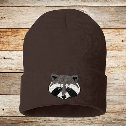 Embroidered Raccoon Beanie: Knit Wildlife Hat