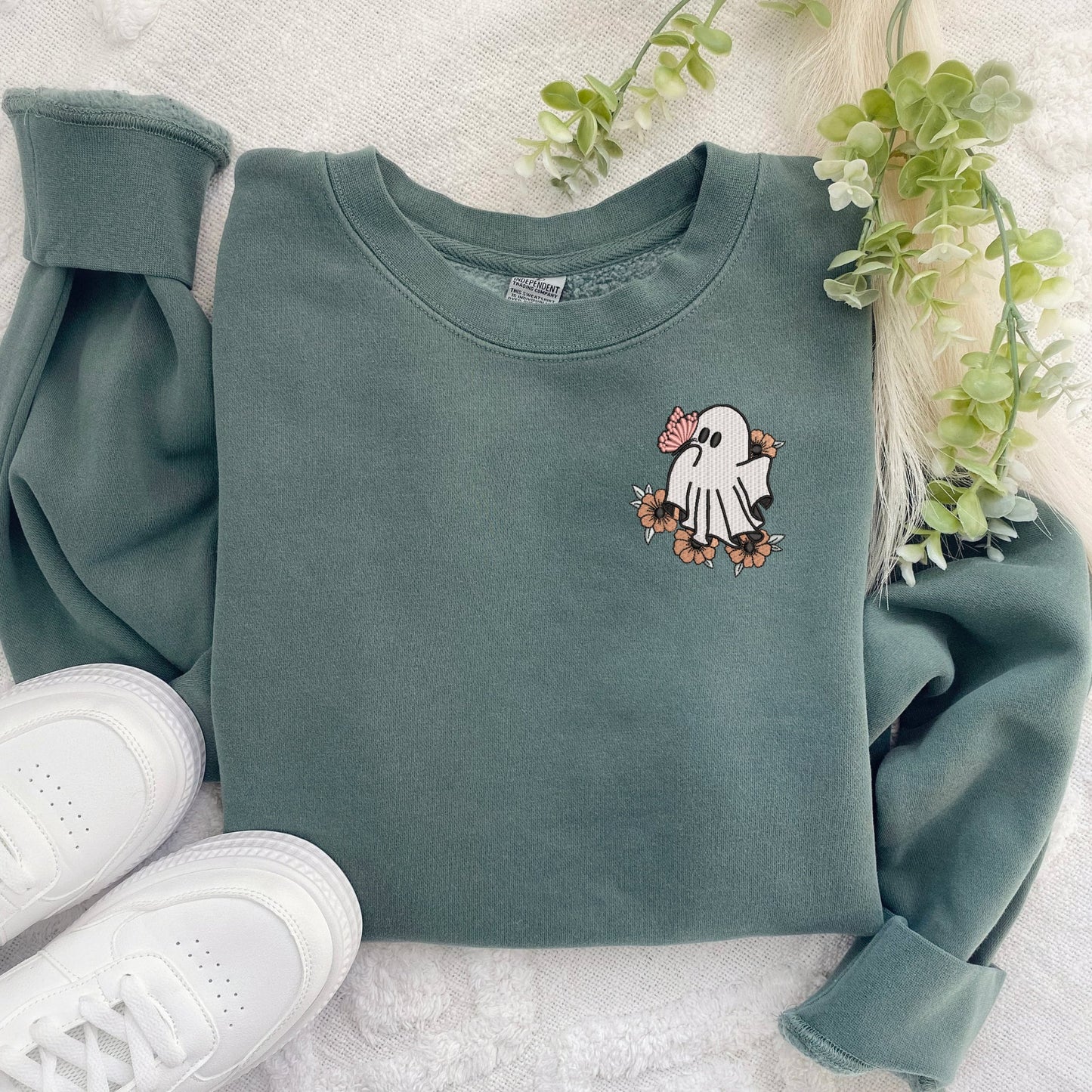 Embroidered Ghost Sweatshirt: Spooky Retro Butterfly Pullover