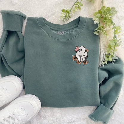 Embroidered Ghost Sweatshirt: Spooky Retro Butterfly Pullover