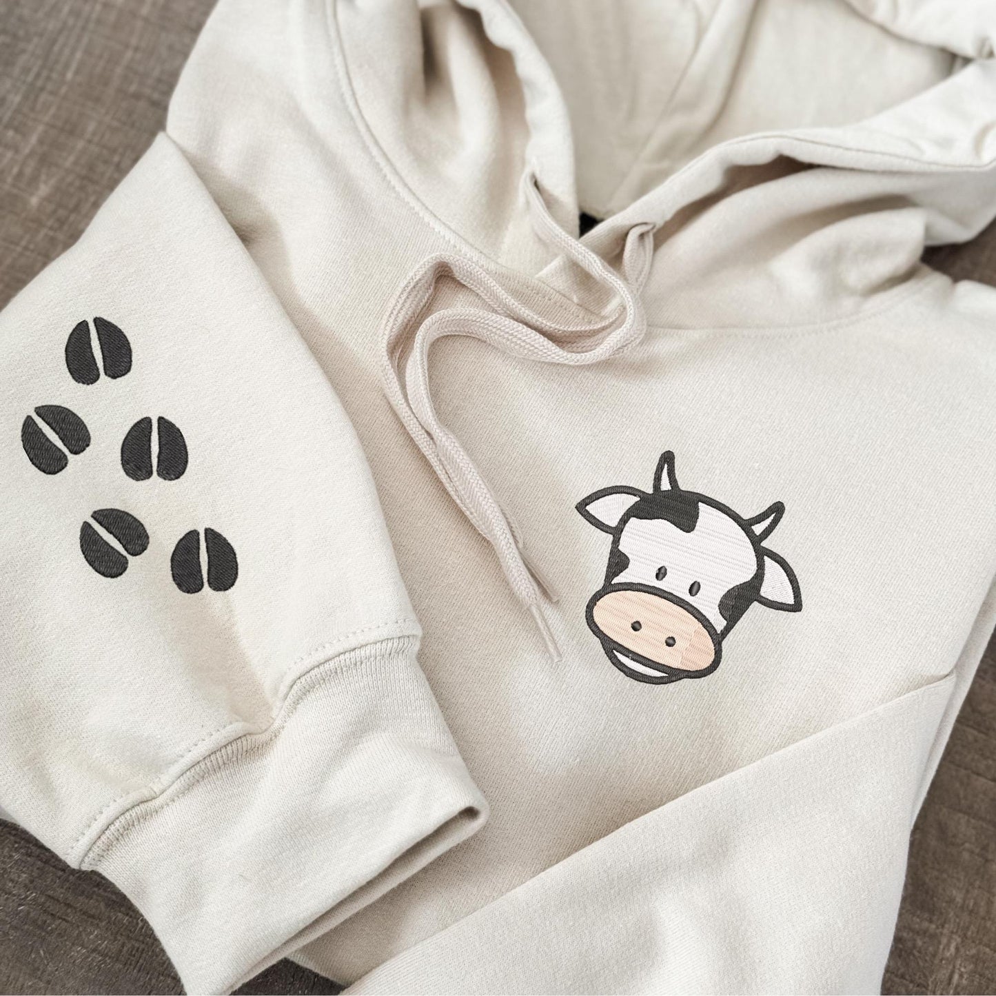 Embroidered Cow Hoodie: Farm Animal Pullover with Optional Hoof Prints