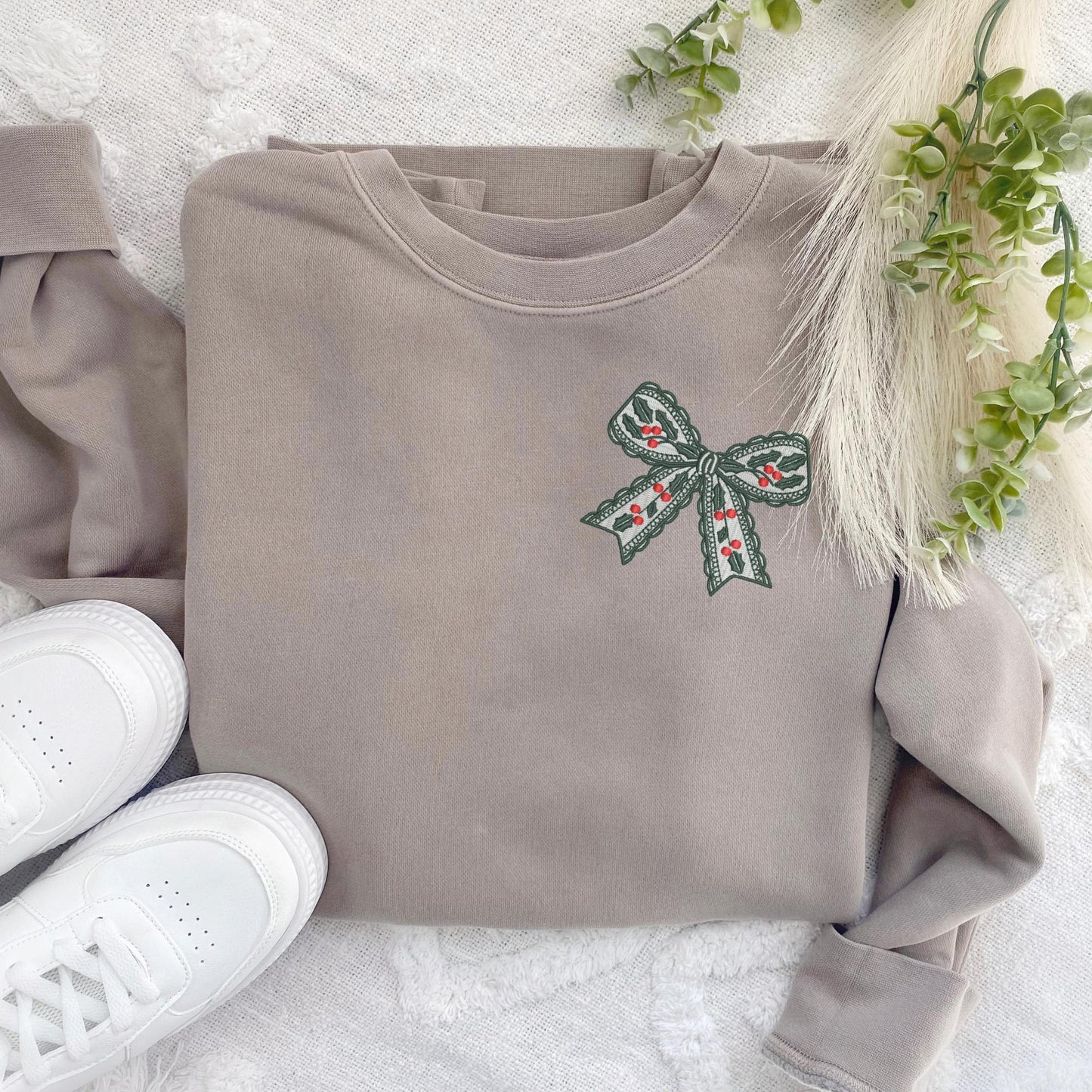 Embroidered Lacy Holly and Berries Bow Pigment Dyed Crewneck Sweatshirt