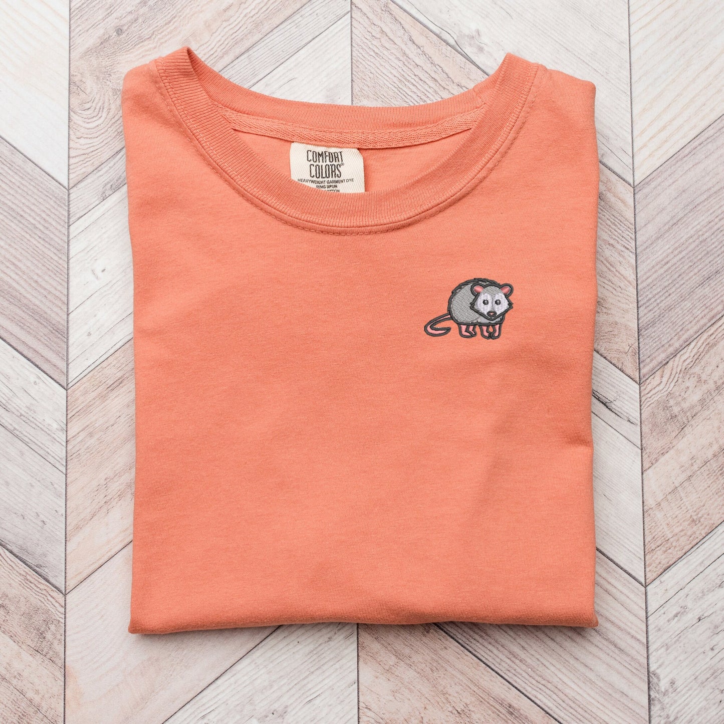 Embroidered Opossum Pigment Dyed T-shirt: Unisex Woodland Animal Tee