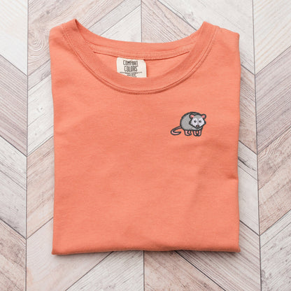 Embroidered Opossum Pigment Dyed T-shirt: Unisex Woodland Animal Tee