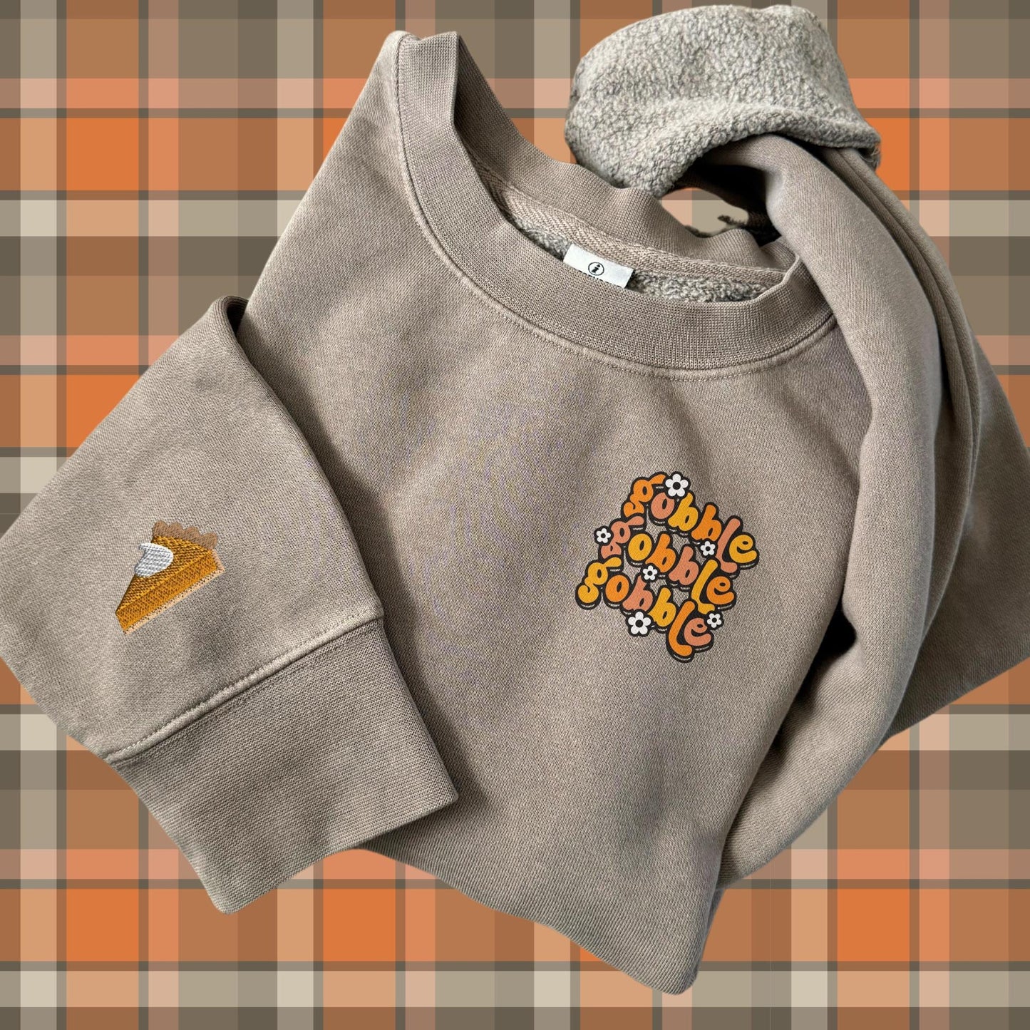 Embroidered Thanksgiving Gobble Crewneck Sweatshirt: Pigment Dyed Turkey Day Pullover