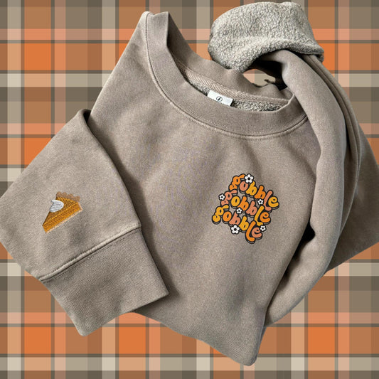 Embroidered Thanksgiving Gobble Crewneck Sweatshirt: Pigment Dyed Turkey Day Pullover