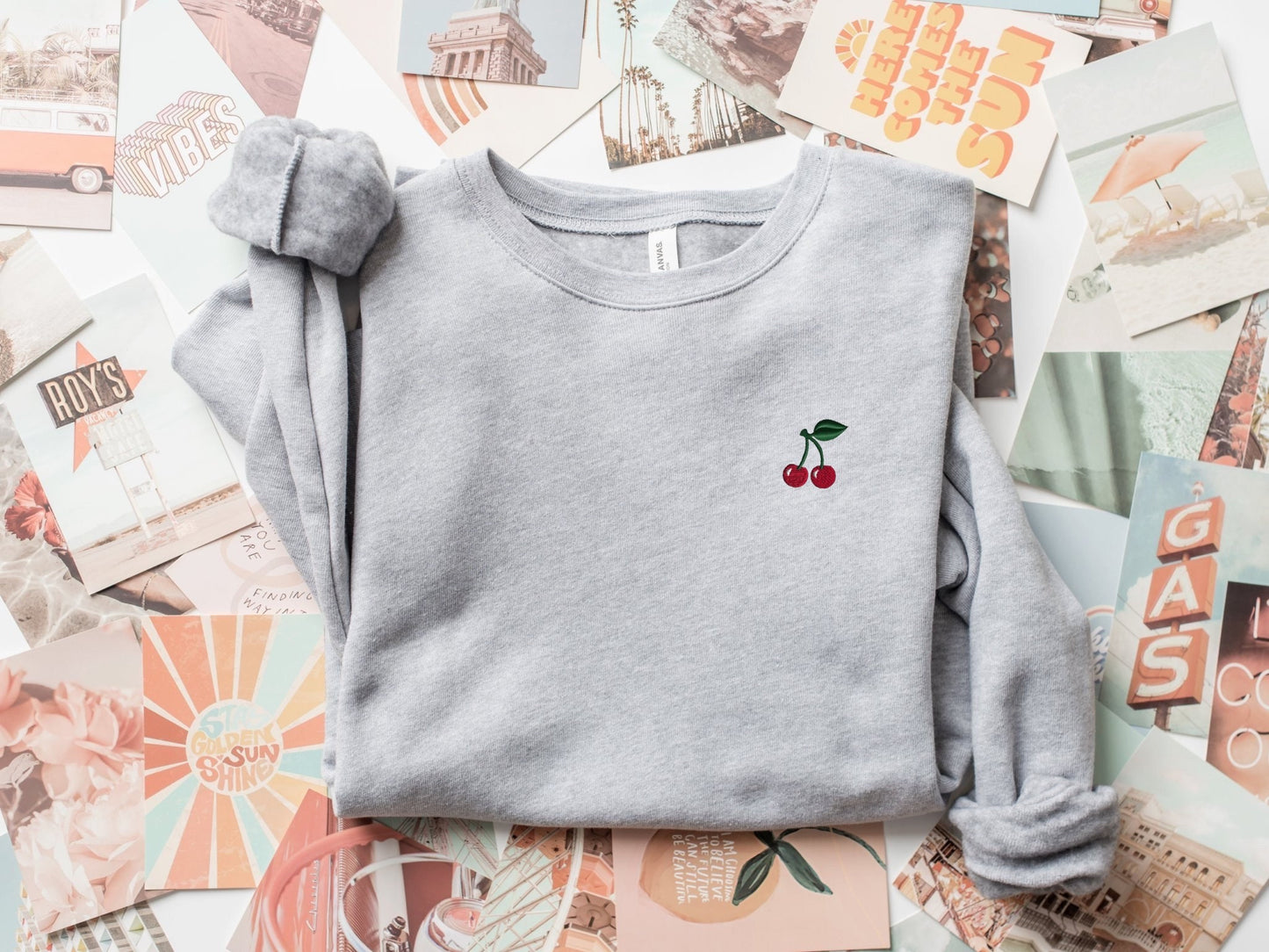 Embroidered Cherry Crewneck Sponge Fleece Sweatshirt, Women’s Mini Stitched Fruit Sweater, Cherry Lover