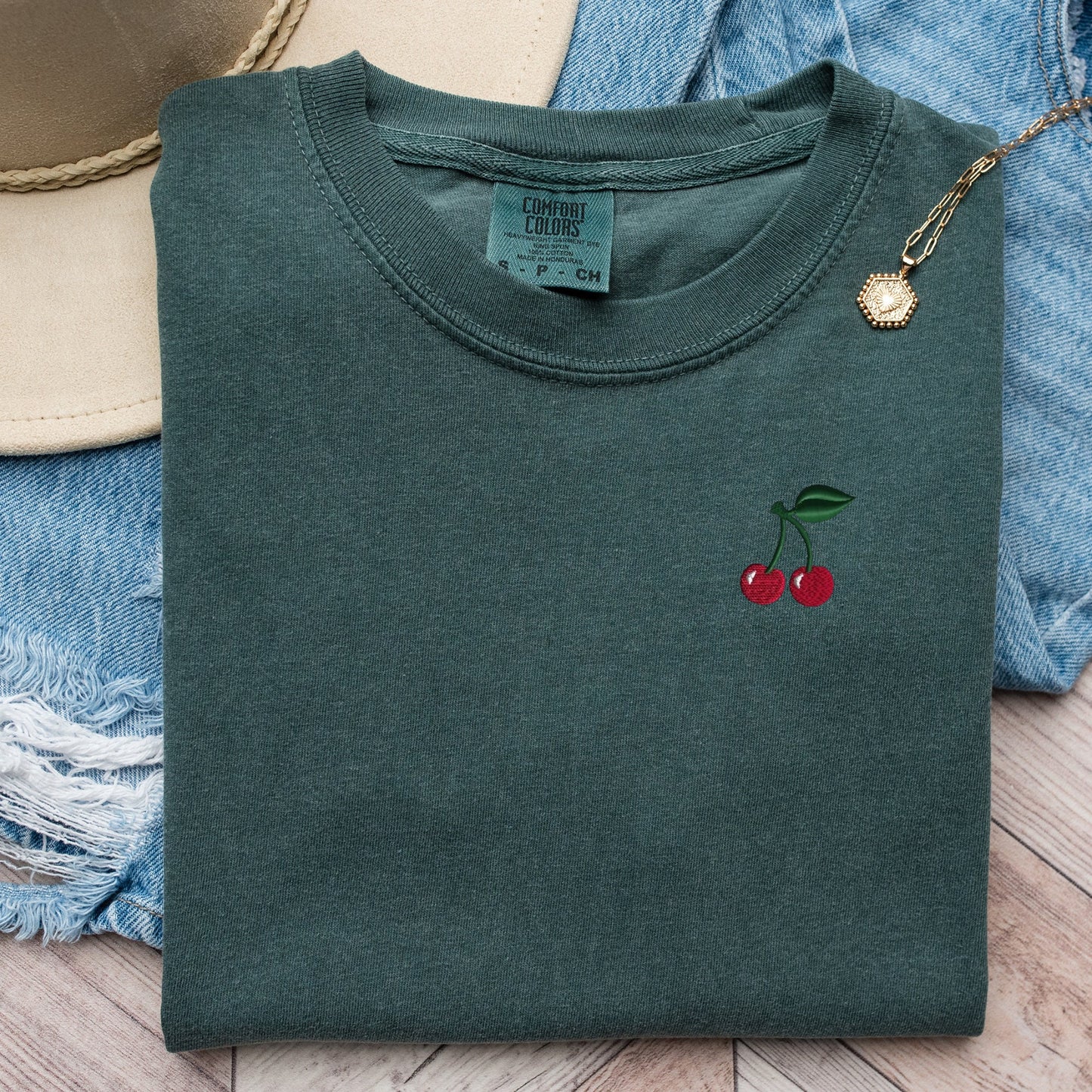 Embroidered Cherry T-Shirt: Garment Dyed Fruit Tee