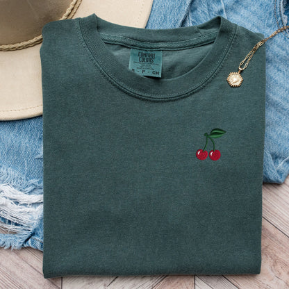 Embroidered Cherry T-Shirt: Garment Dyed Fruit Tee