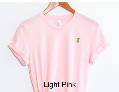 Embroidered Unisex Pear T-Shirt: Stitched Minimalist Mini Fruit Tee