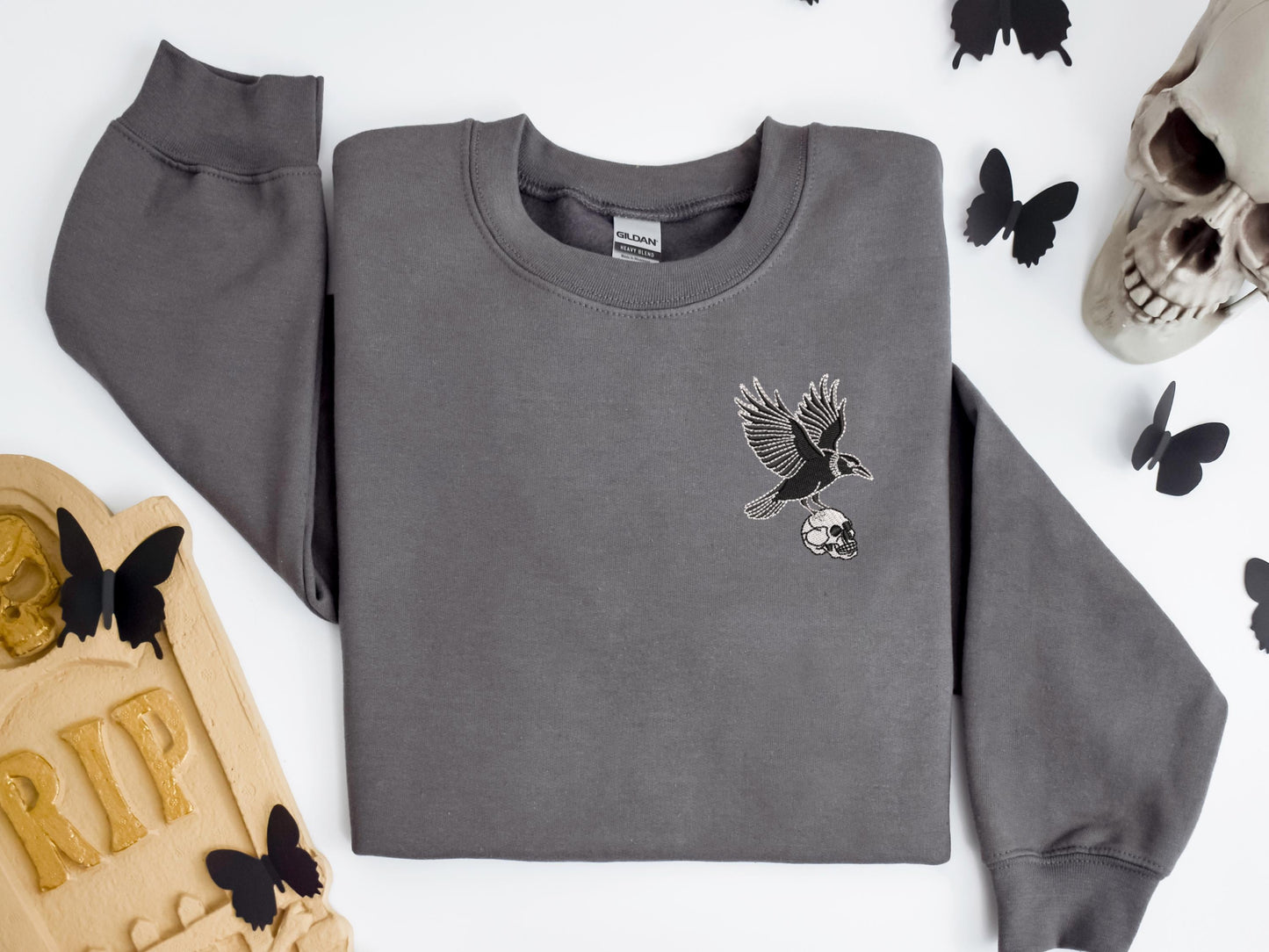 Embroidered Raven Skull Sweatshirt on Gildan: Unisex Gothic Halloween Pullover