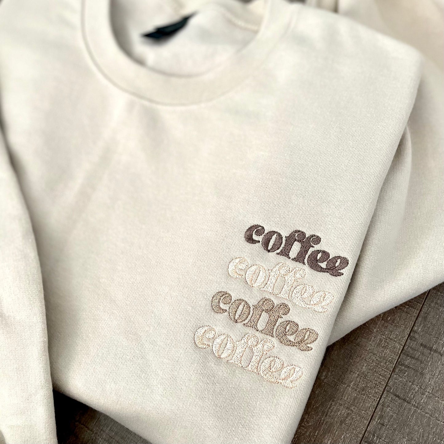 Embroidered Coffee Sweatshirt: Trendy Tonal Crewneck