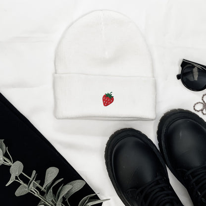 Embroidered Strawberry Beanie: Mini Fruit Skull Hat