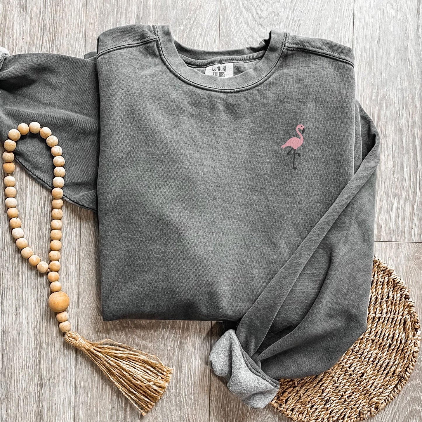 Embroidered Beach Flamingo Pigment Dyed Crewneck Sweatshirt