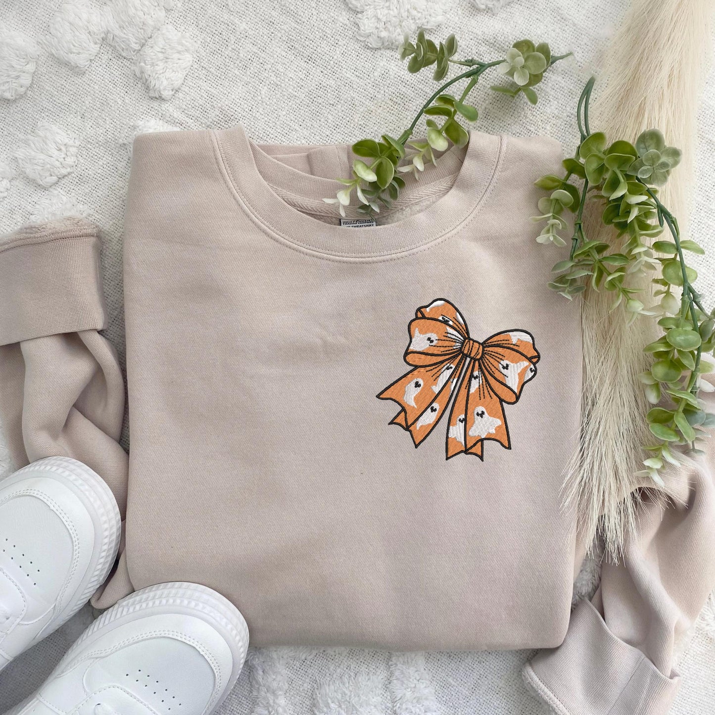 Embroidered Coquette Ghost Halloween Bow Sweatshirt: Pigment Dyed