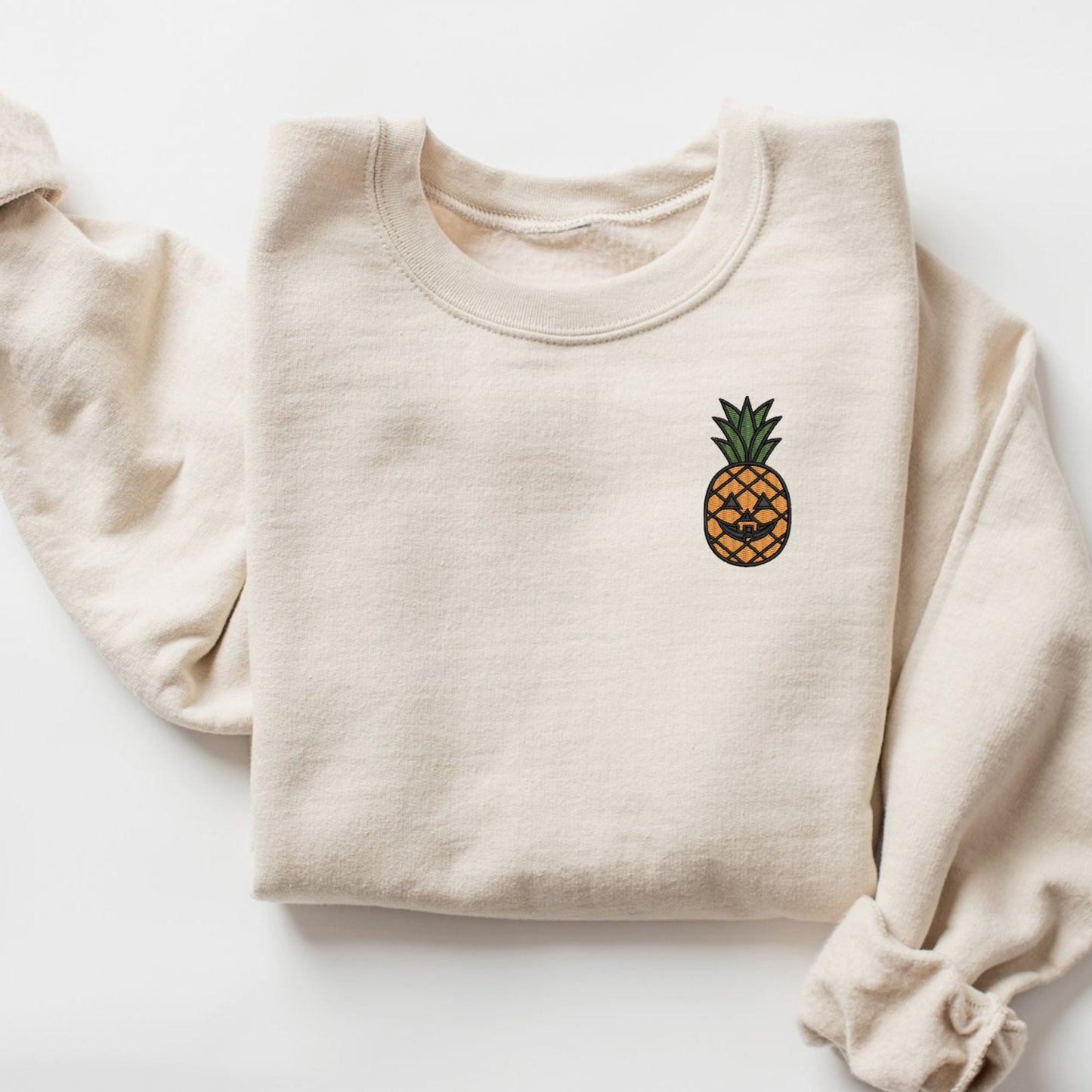 Embroidered Pineapple Jack O' Lantern Face Crewneck Sweatshirt: Spooky Halloween Pullover