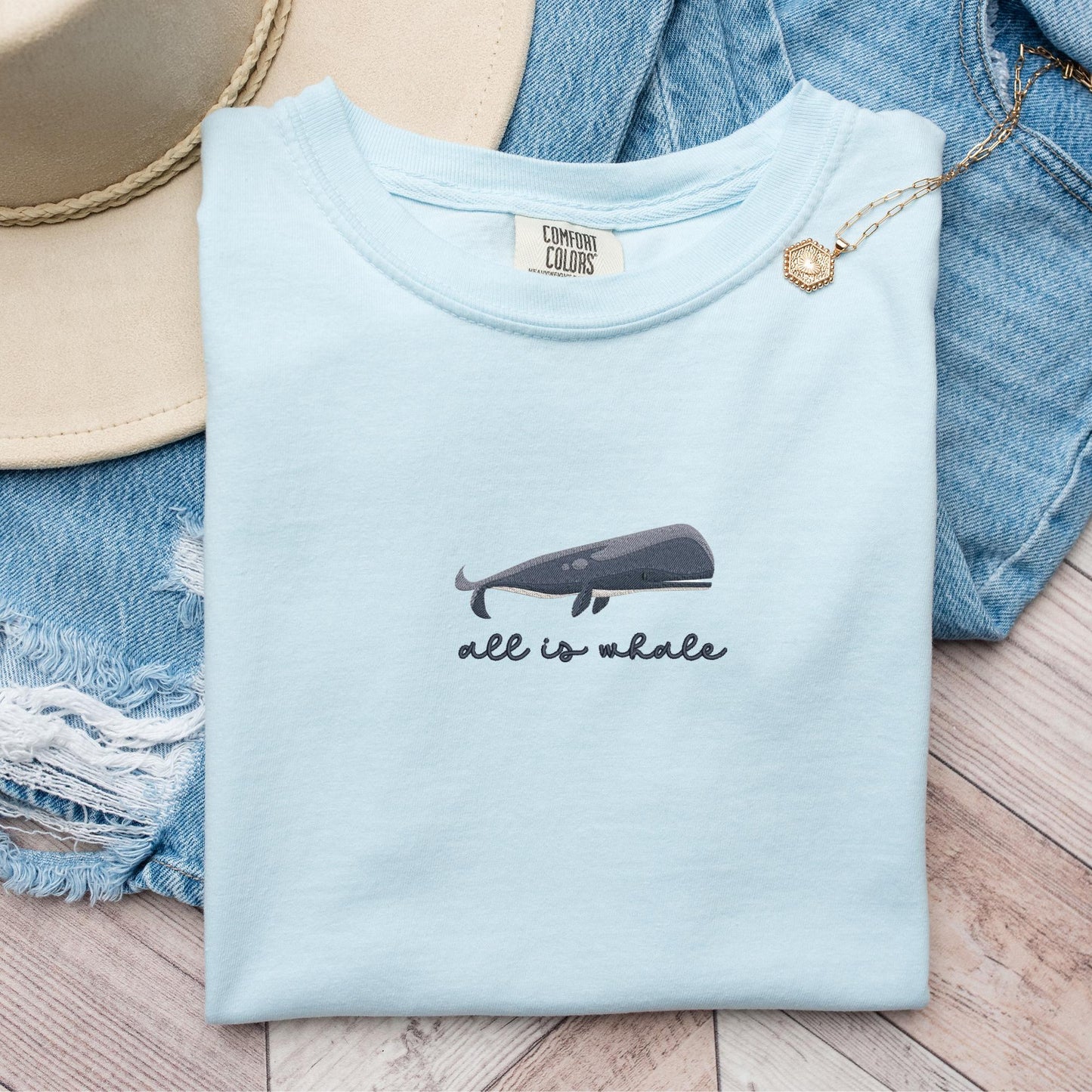 Embroidered Nautical Blue Whale T-Shirt: Pigment-Dyed Coastal Tee